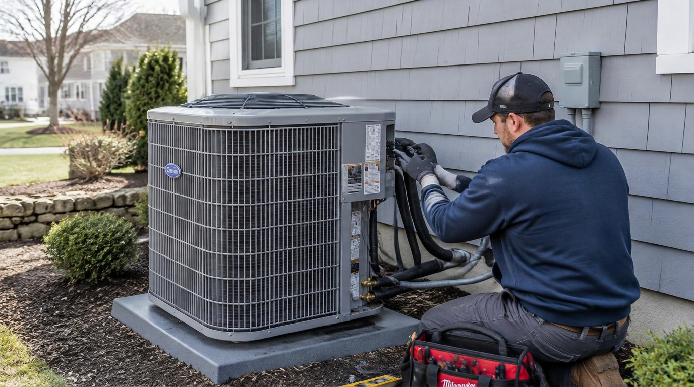 Technician installing an outdoor air conditioning unit